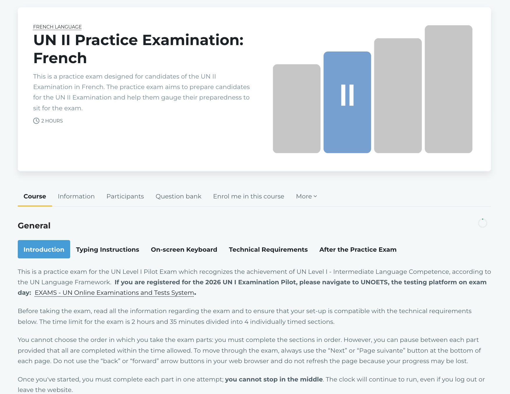 Level II French practice examination course-facing view with Introduction, Typing Instructions, On-screen Keyboard, Technical Requirements, and After the Practice Exam tabs